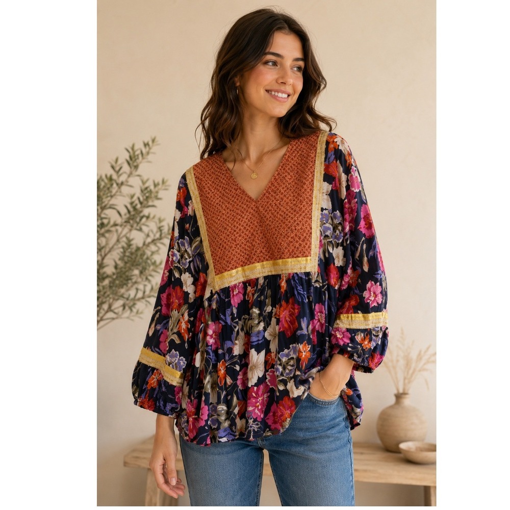 Cynthia Rowley Floral Peasant Blouse 1X Navy Blue Boho V-Neck Embroidered Top